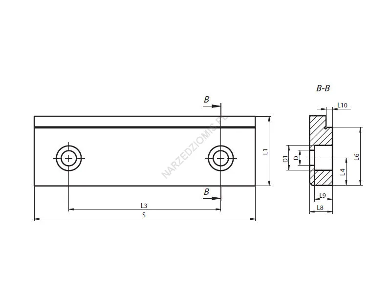 Rysunek techniczny: Szczęka do imadła pryzmowa WSP 100 mm do typu: 6512,6530,6537 (wzdłużna, większy otwór)